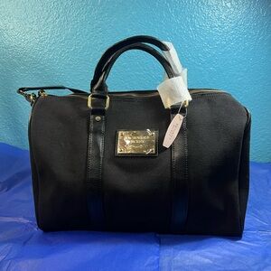 NWT Victoria’s Secret Black Tweed Canvas Satchel Weekender Tote Purse Black Gold